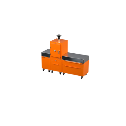 Straight Kitchen S3 in Saffron yellow, angled side view of the outdoor kitchen