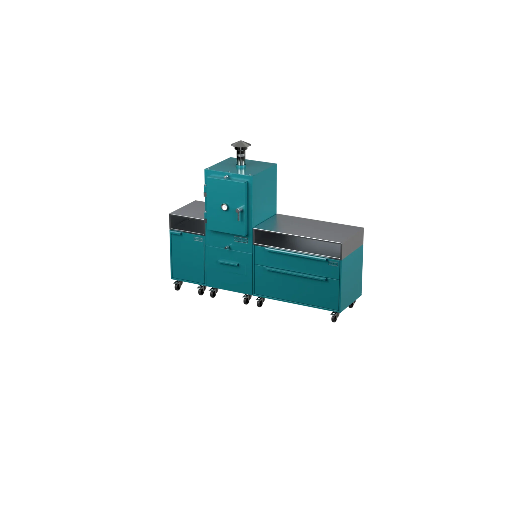 Straight Kitchen S3 in Teal Duck teal, angled view of the outdoor kitchen