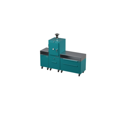 Straight Kitchen S3 in Teal Duck teal, angled view of the outdoor kitchen