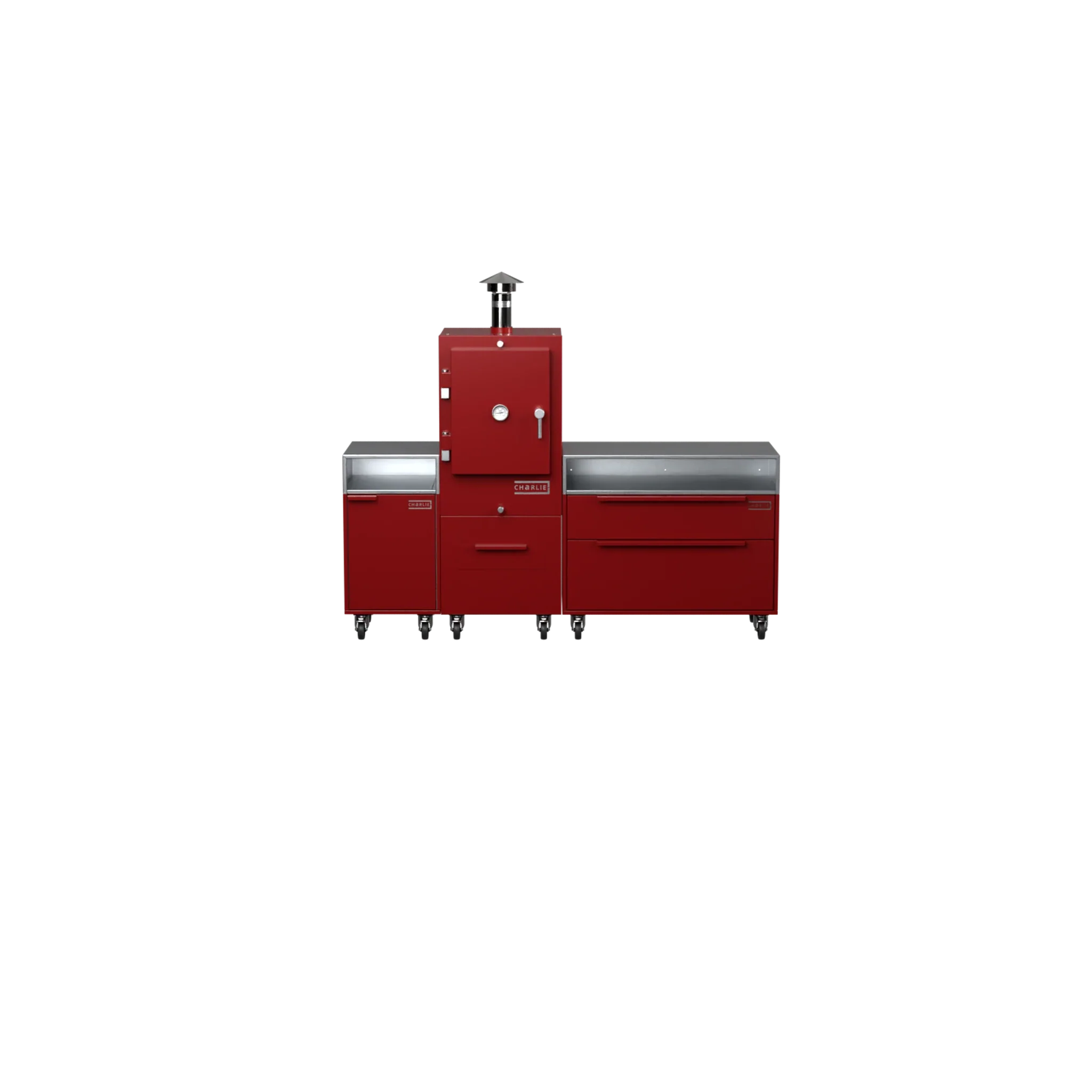 Straight Kitchen S3 in Dark Cherry red, front view of worktop and cabinets