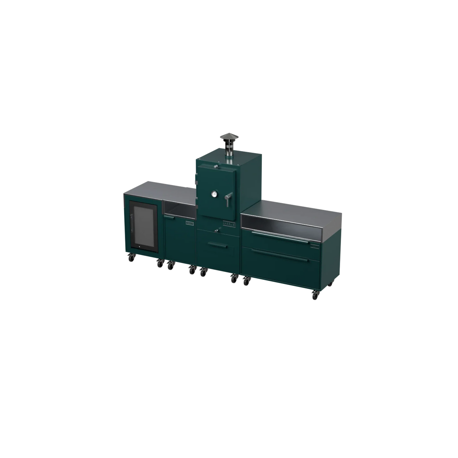 Straight Kitchen S4 outdoor kitchen in Agave blue-green, angled three-quarter view