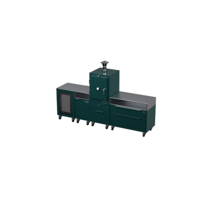 Straight Kitchen S4 outdoor kitchen in Agave blue-green, angled three-quarter view