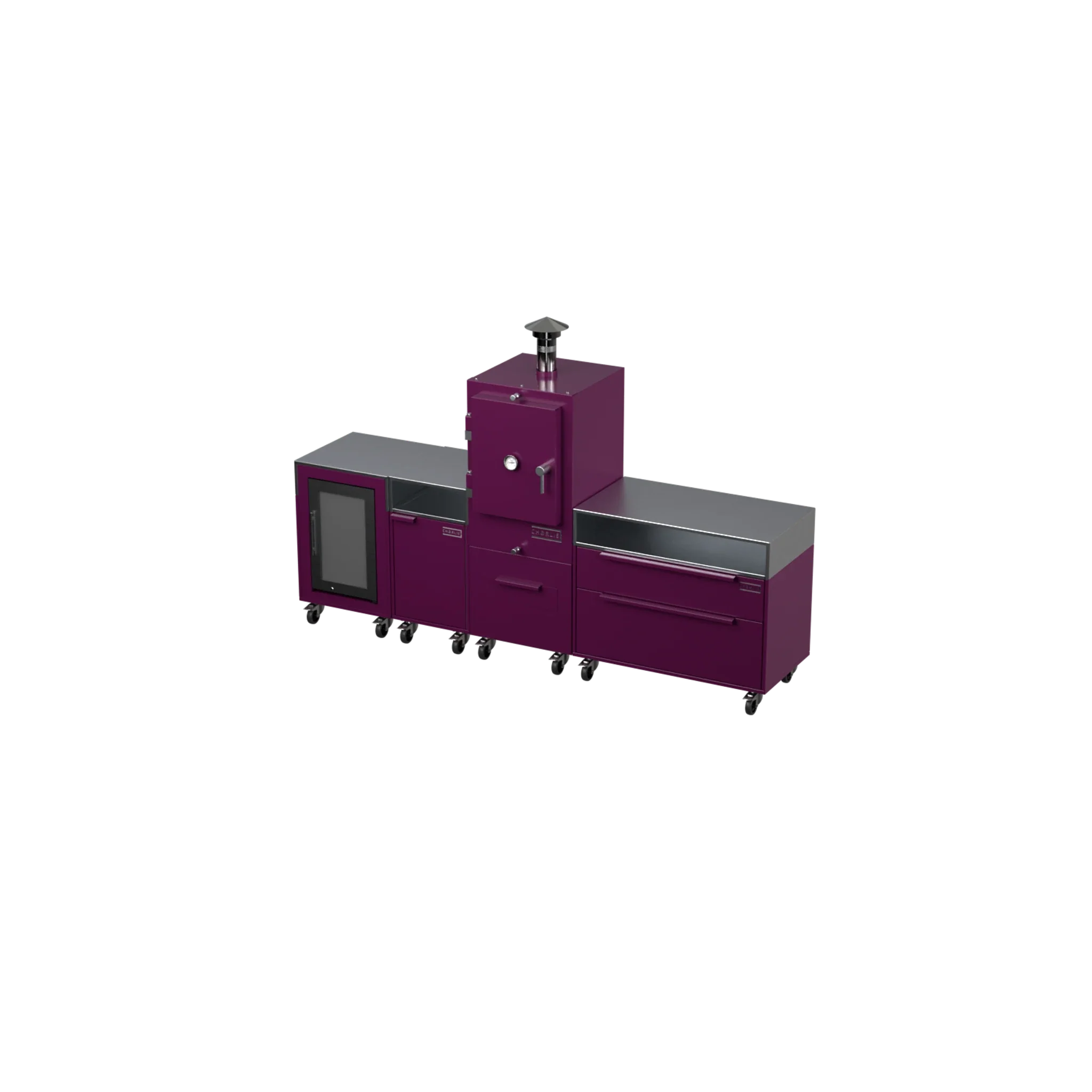 Straight Kitchen S4 outdoor kitchen in Beetroot purple, angled three-quarter view