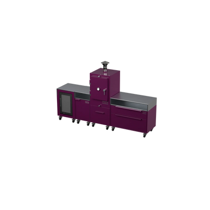 Straight Kitchen S4 outdoor kitchen in Beetroot purple, angled three-quarter view