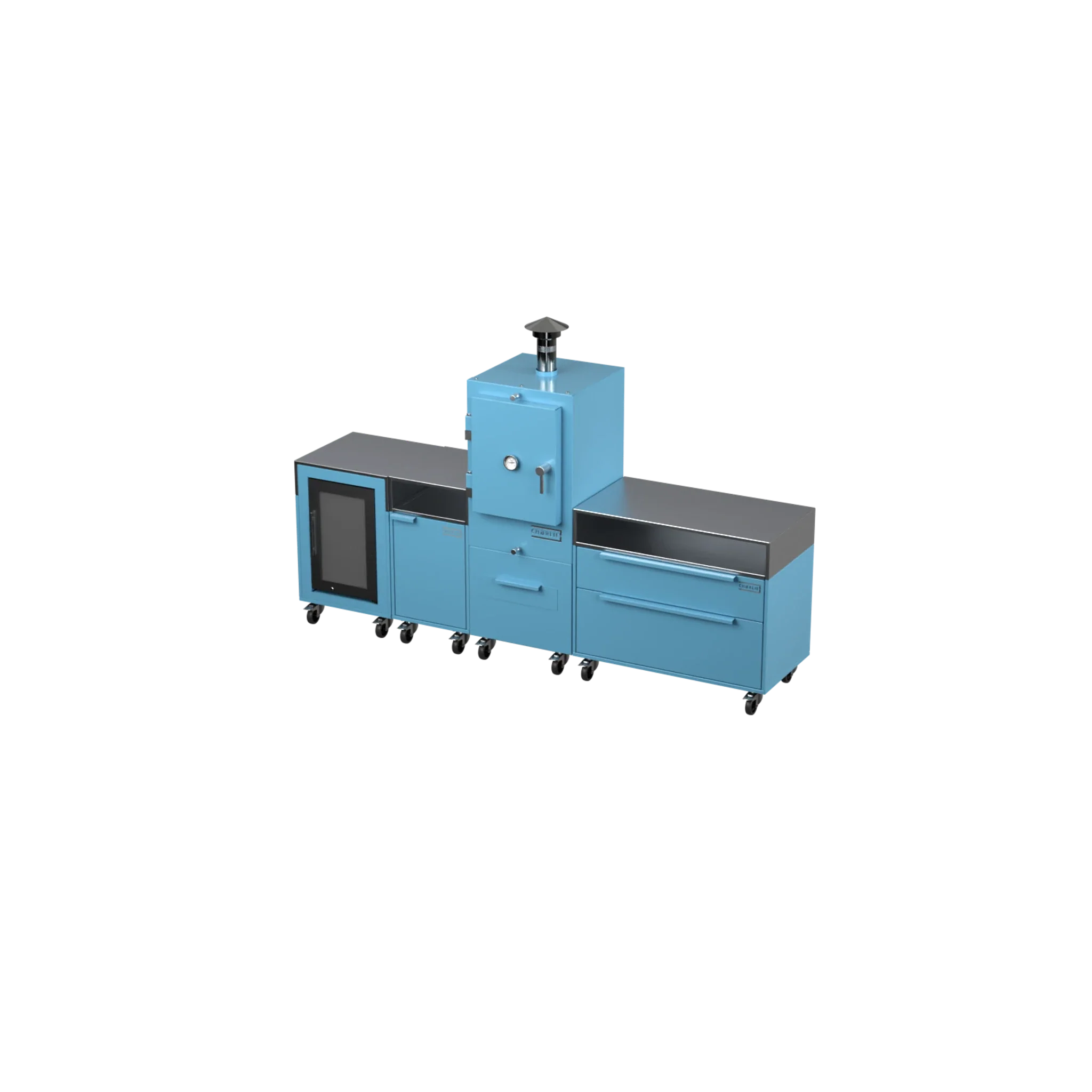Straight Kitchen S4 outdoor kitchen in Blue Marlin deep blue, angled three-quarter view