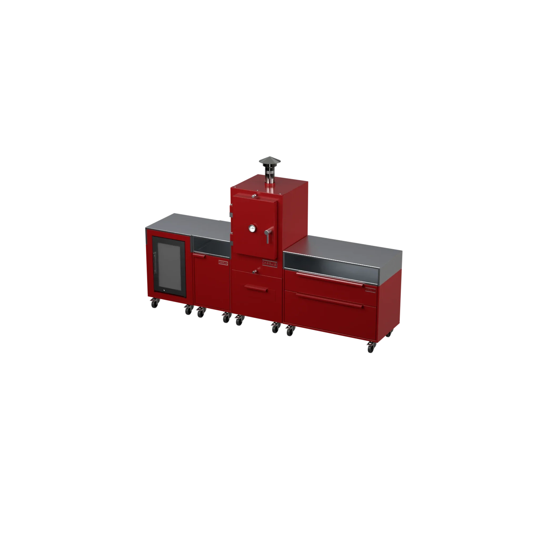 Straight Kitchen S4 outdoor kitchen in Dark Cherry red, angled three-quarter view