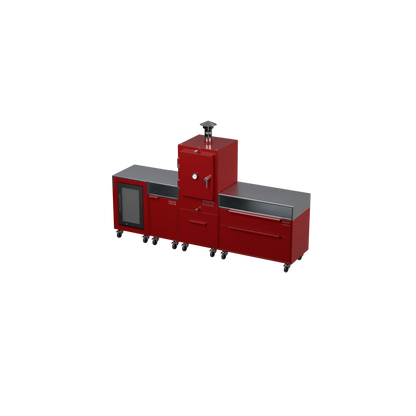 Straight Kitchen S4 outdoor kitchen in Dark Cherry red, angled three-quarter view