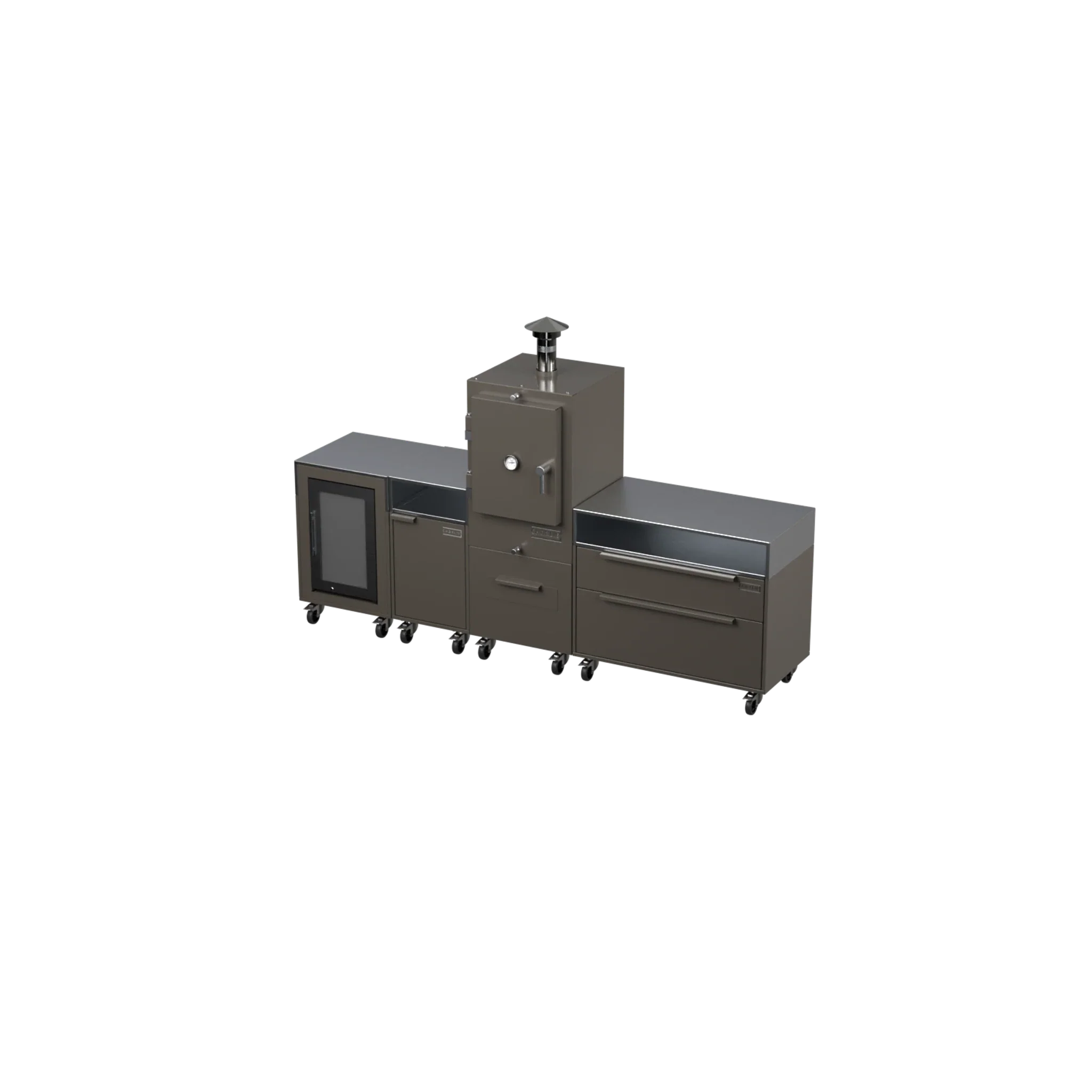 Straight Kitchen S4 outdoor kitchen in Porcini taupe, angled three-quarter view