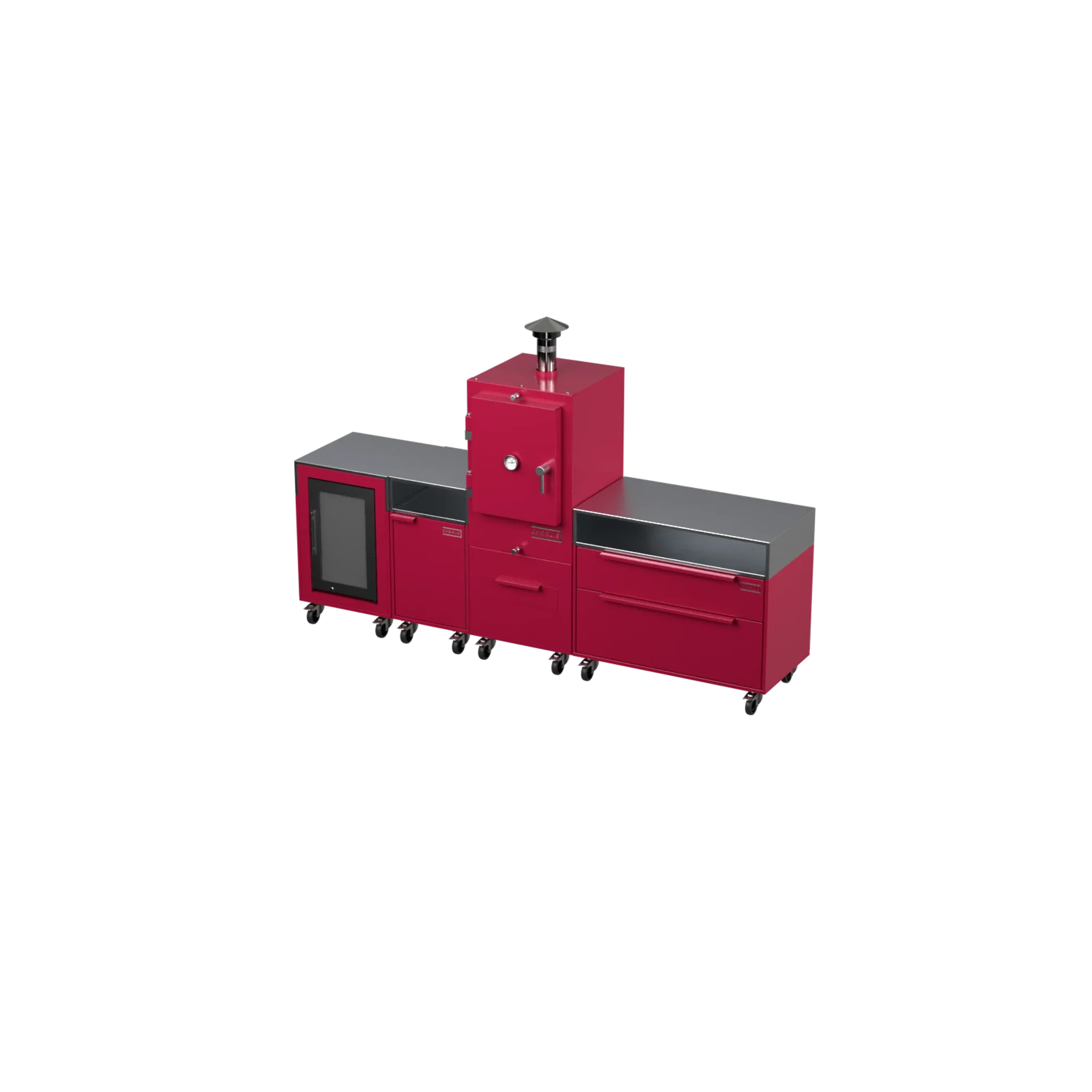 Straight Kitchen S4 outdoor kitchen in Rhubarb pink, angled corner view