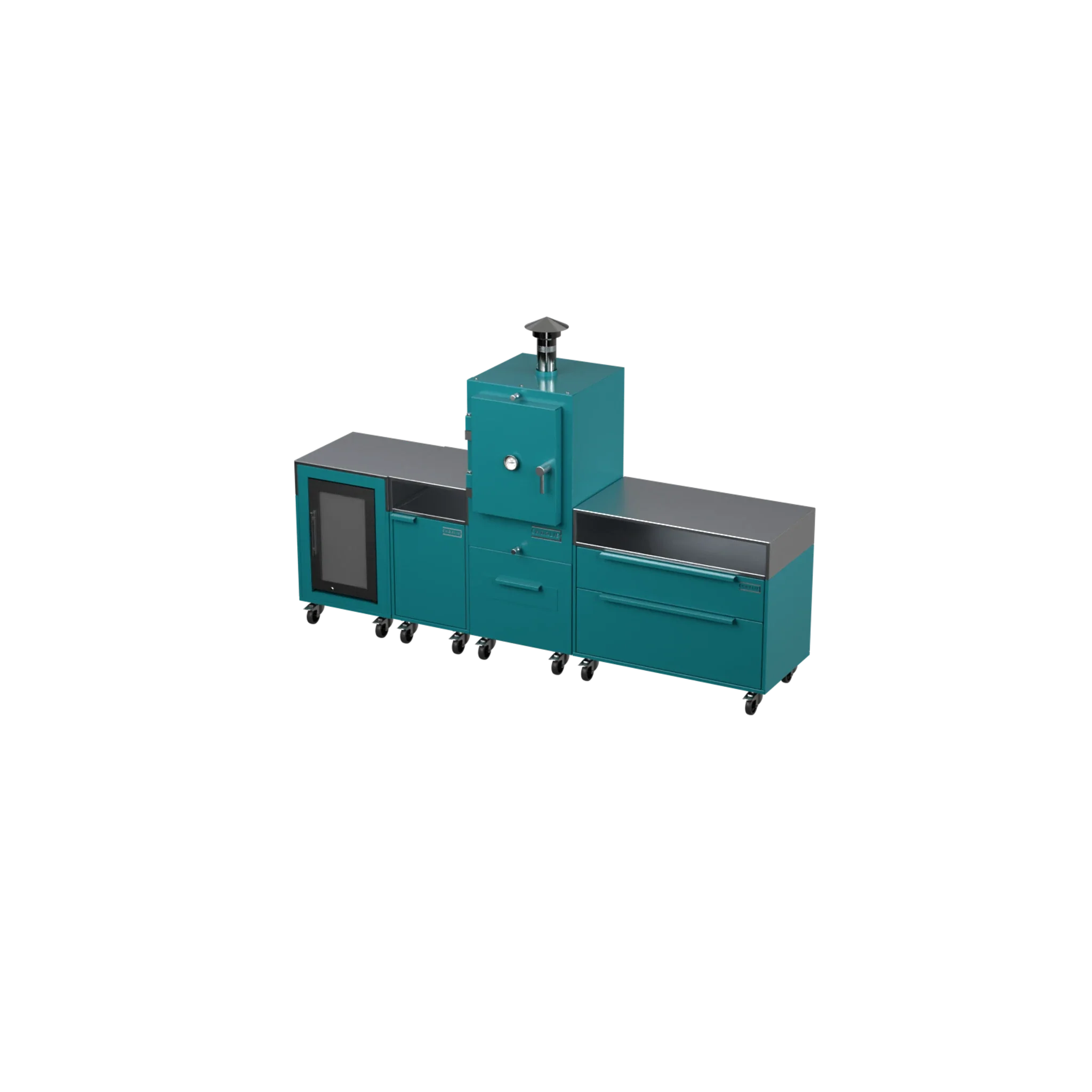 Straight Kitchen S4 outdoor kitchen in Teal Duck blue, angled three-quarter view