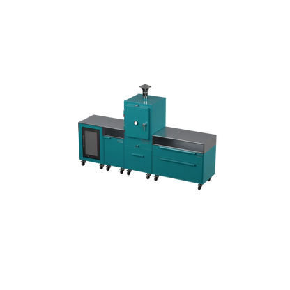 Straight Kitchen S4 outdoor kitchen in Teal Duck blue, angled three-quarter view