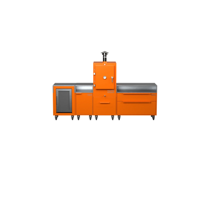 Straight Kitchen S4 in Saffron yellow, straight-on front view of the outdoor kitchen