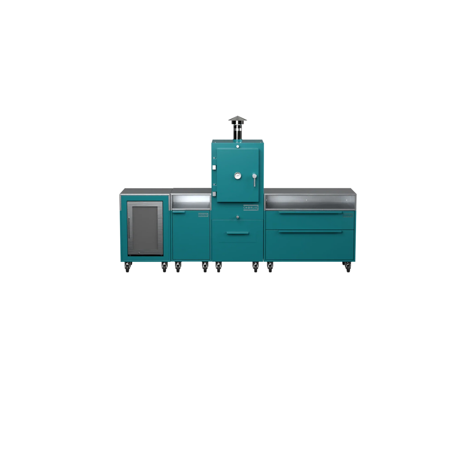 Straight Kitchen S4 in Teal Duck blue, straight-on front view of the outdoor kitchen
