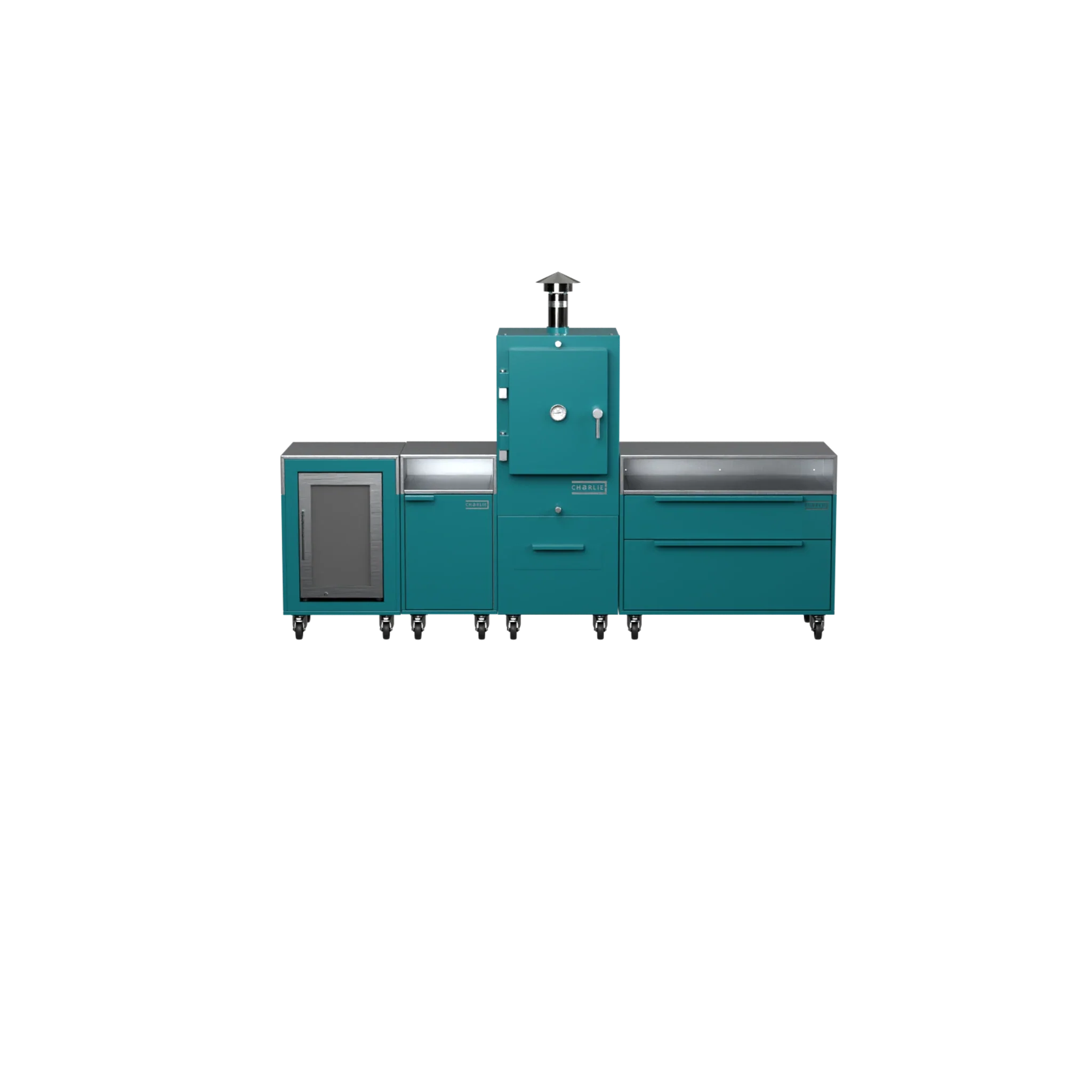 Straight Kitchen S4 in Teal Duck blue, straight-on front view of the outdoor kitchen
