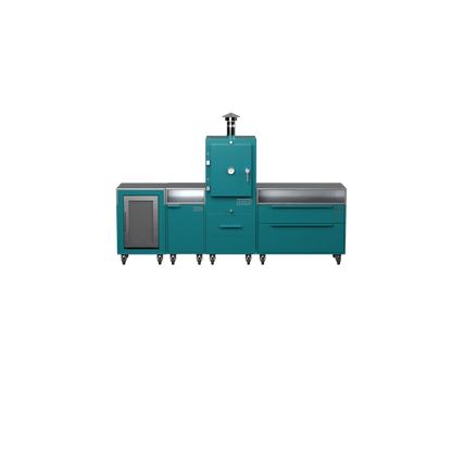 Straight Kitchen S4 in Teal Duck blue, straight-on front view of the outdoor kitchen
