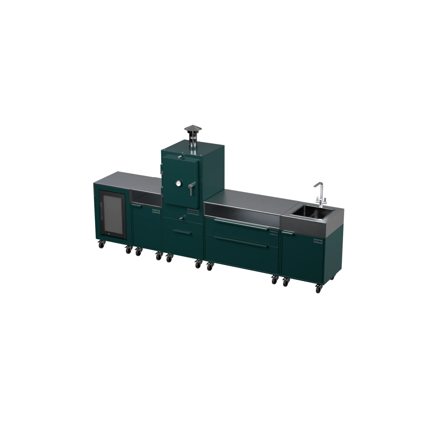 Straight Kitchen S5 outdoor oven in Agave green, three-quarter angle view