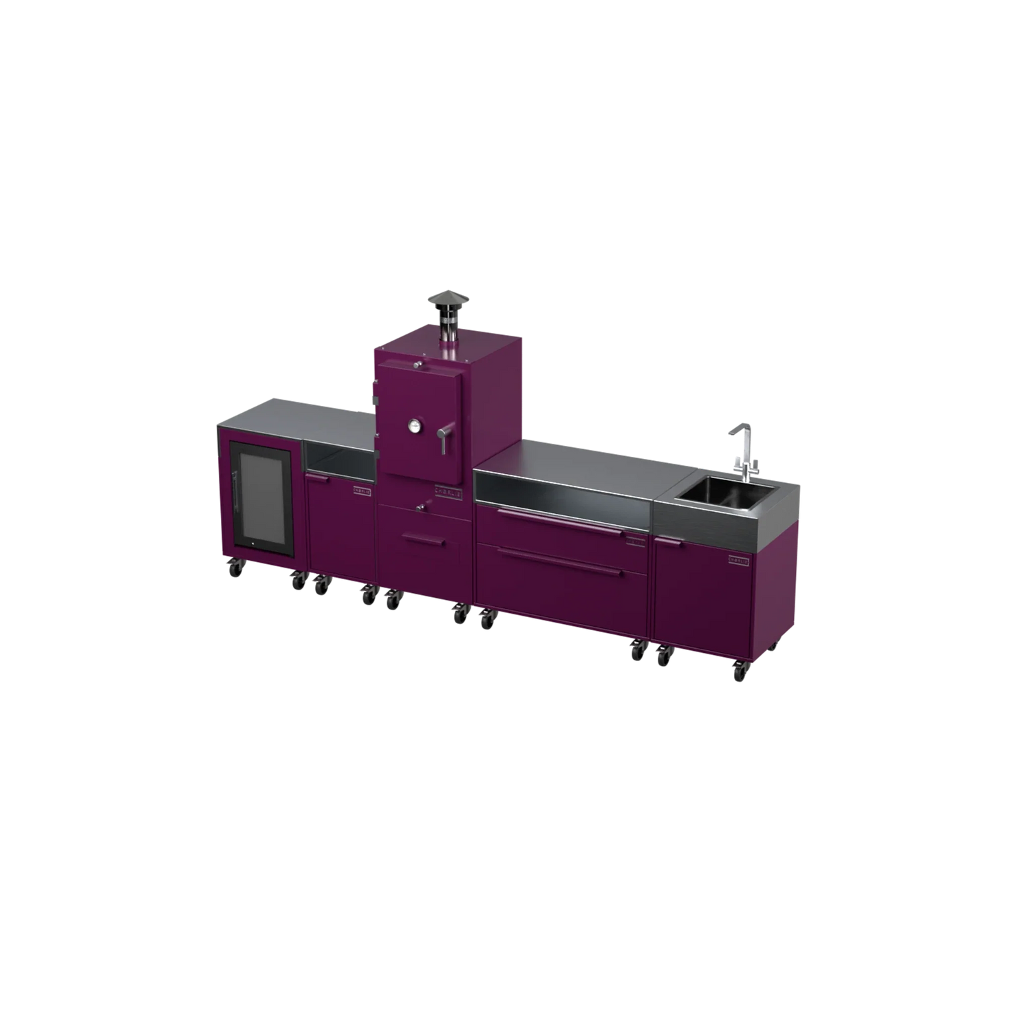 Straight Kitchen S5 outdoor oven in Beetroot purple, three-quarter angle view