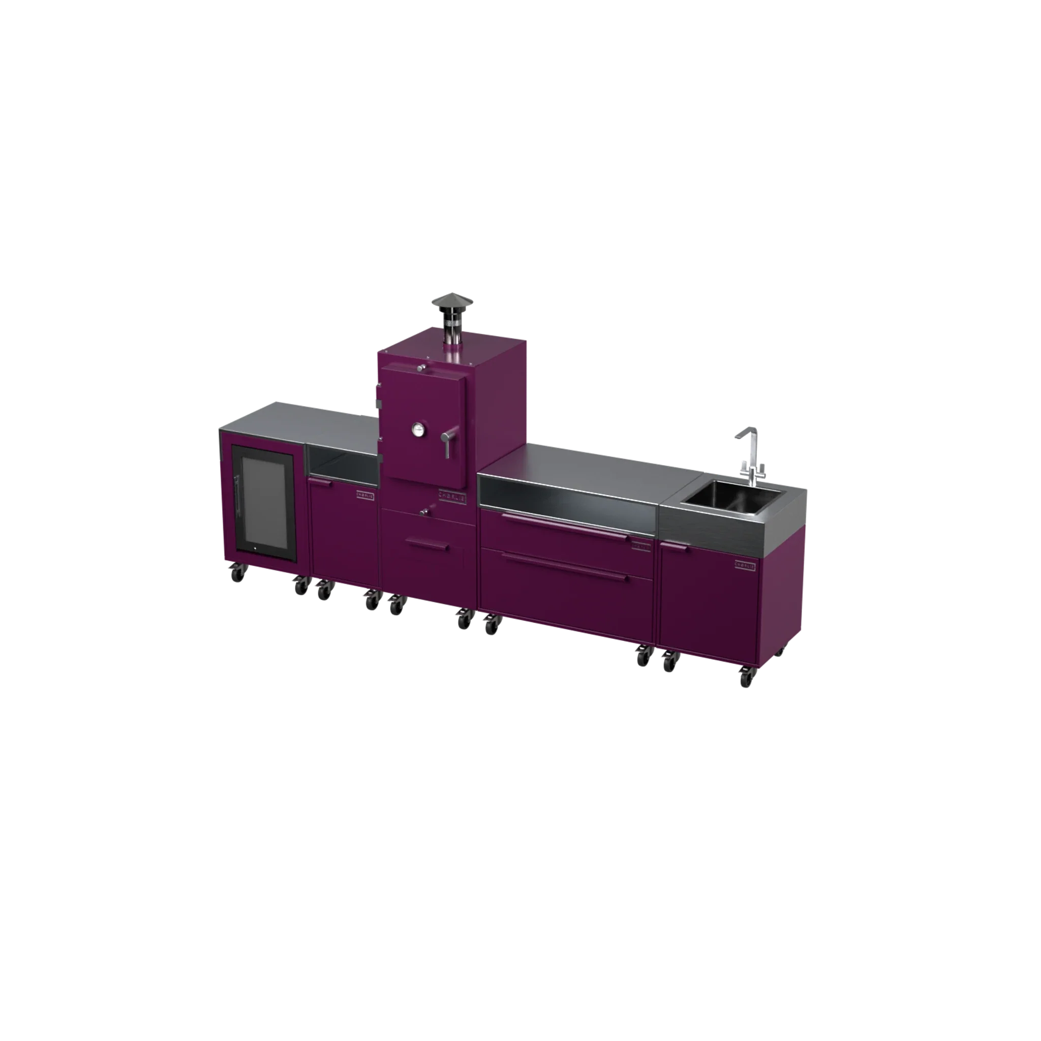 Straight Kitchen S5 outdoor oven in Beetroot purple, three-quarter angle view