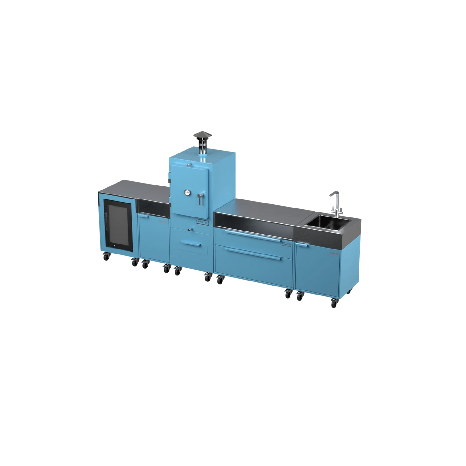 Straight Kitchen S5 outdoor oven in Blue Marlin blue, three-quarter angle view