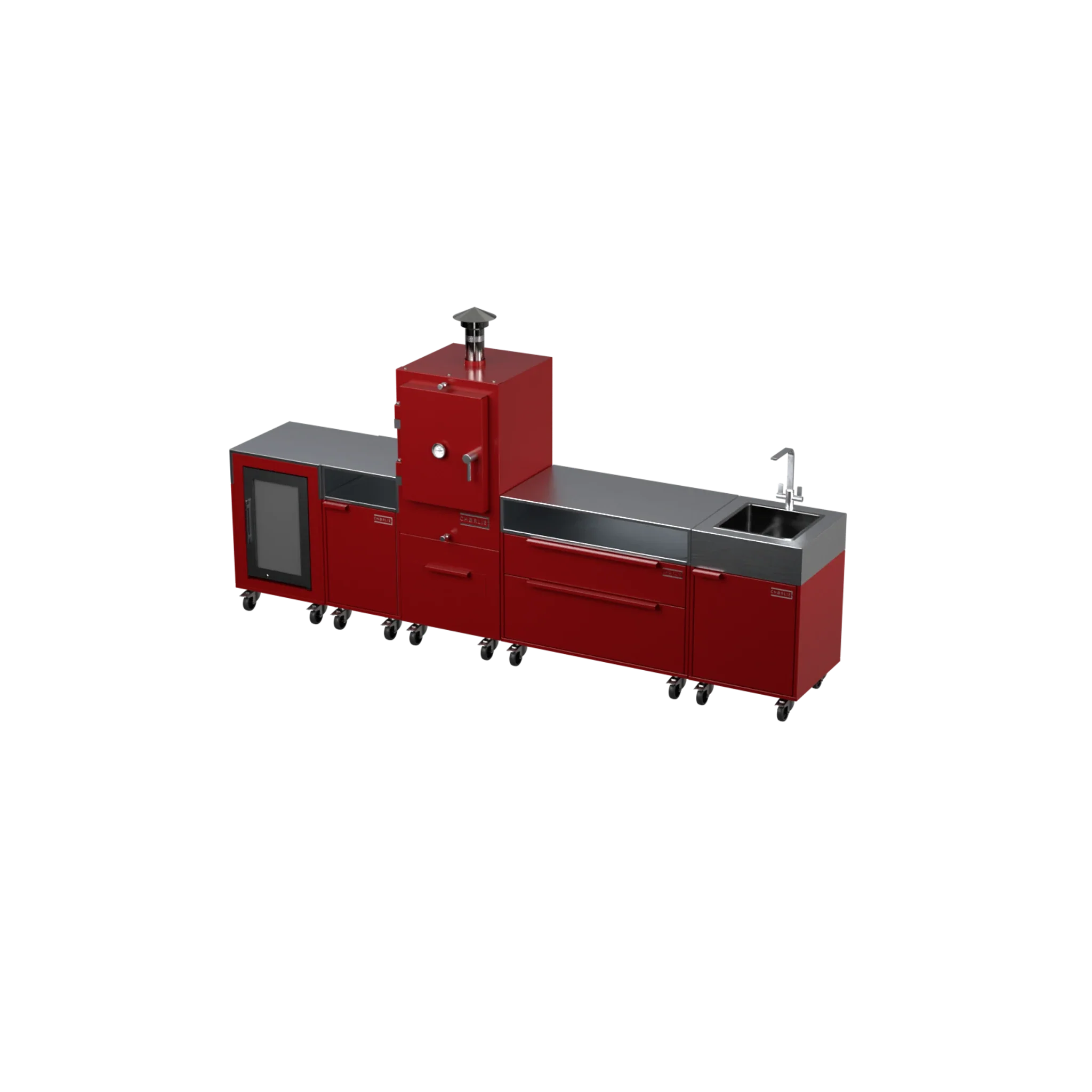 Straight Kitchen S5 outdoor oven in Dark Cherry red, three-quarter angle view