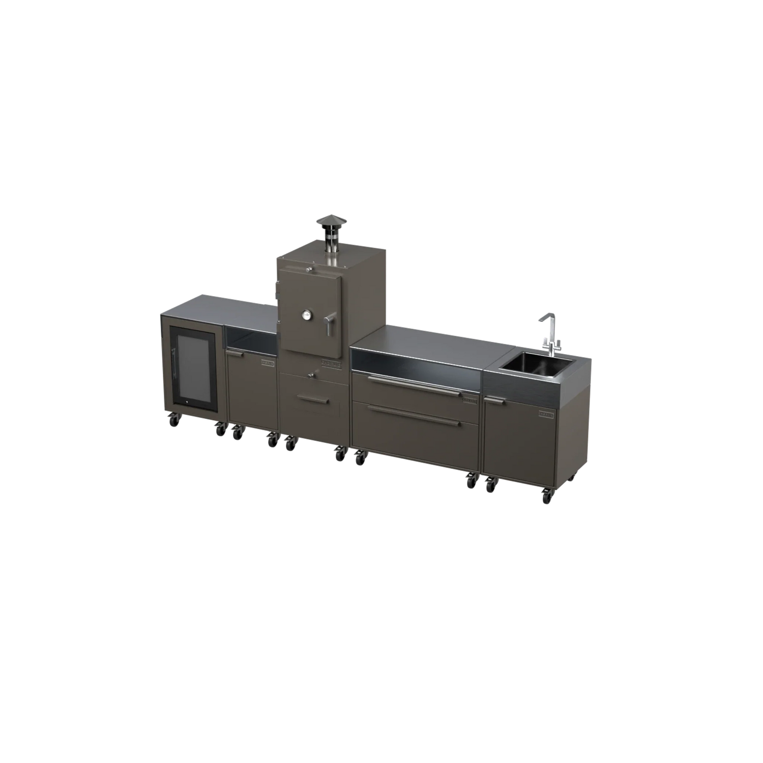 Straight Kitchen S5 outdoor oven in Porcini taupe, three-quarter angle view