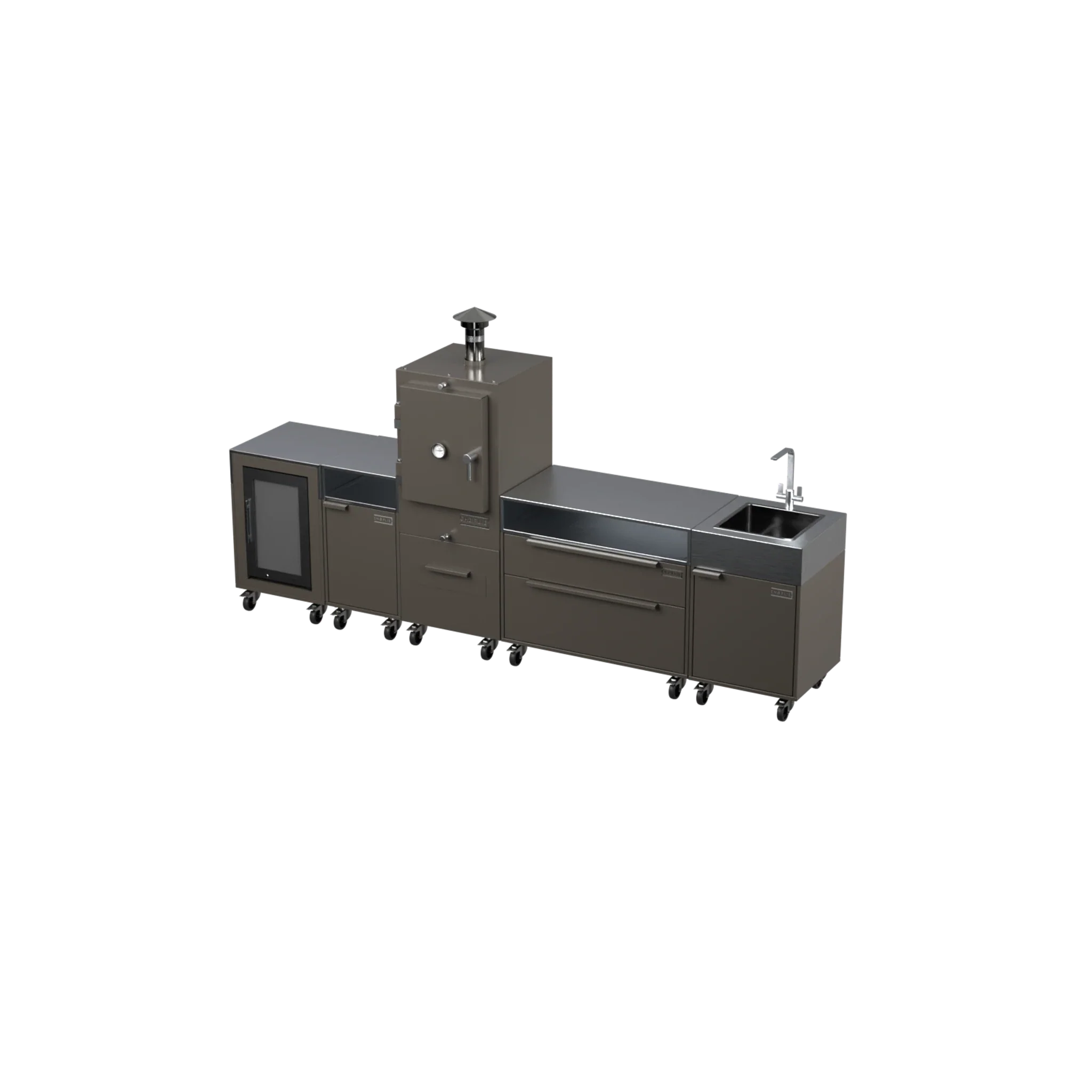 Straight Kitchen S5 outdoor oven in Porcini taupe, three-quarter angle view