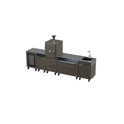 Straight Kitchen S5 outdoor oven in Porcini taupe, three-quarter angle view