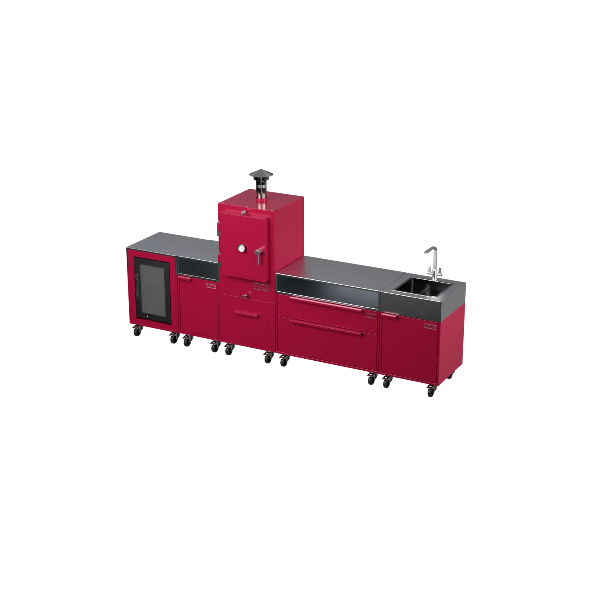 Straight Kitchen S5 outdoor oven in Rhubarb pink, three-quarter angle view