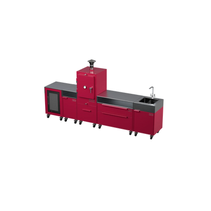 Straight Kitchen S5 outdoor oven in Rhubarb pink, three-quarter angle view