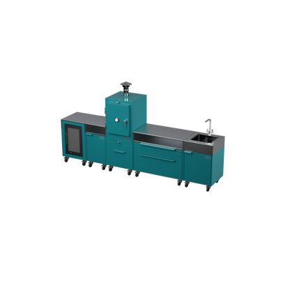 Straight Kitchen S5 outdoor oven in Teal Duck teal, three-quarter angle view