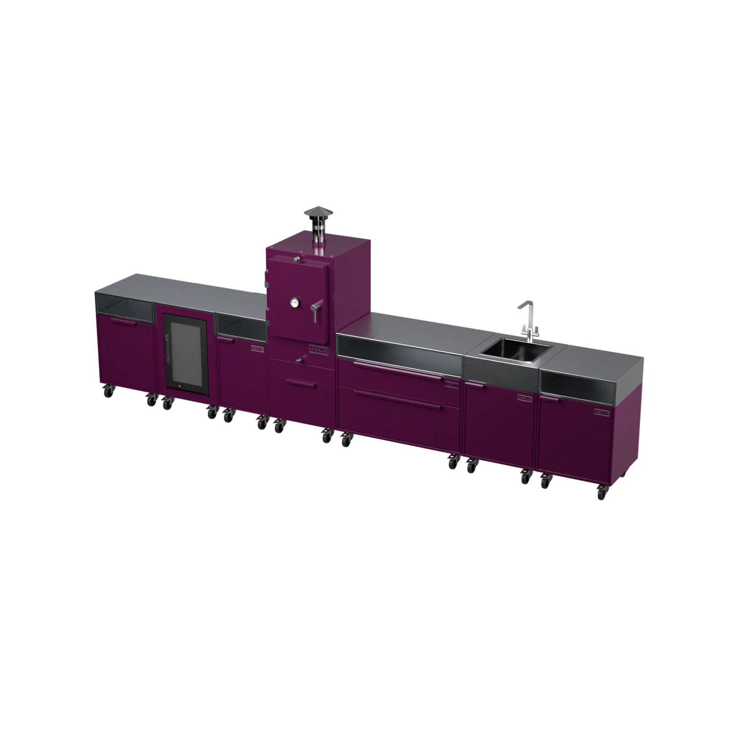 Straight Kitchen S6 in Beetroot red, angled view