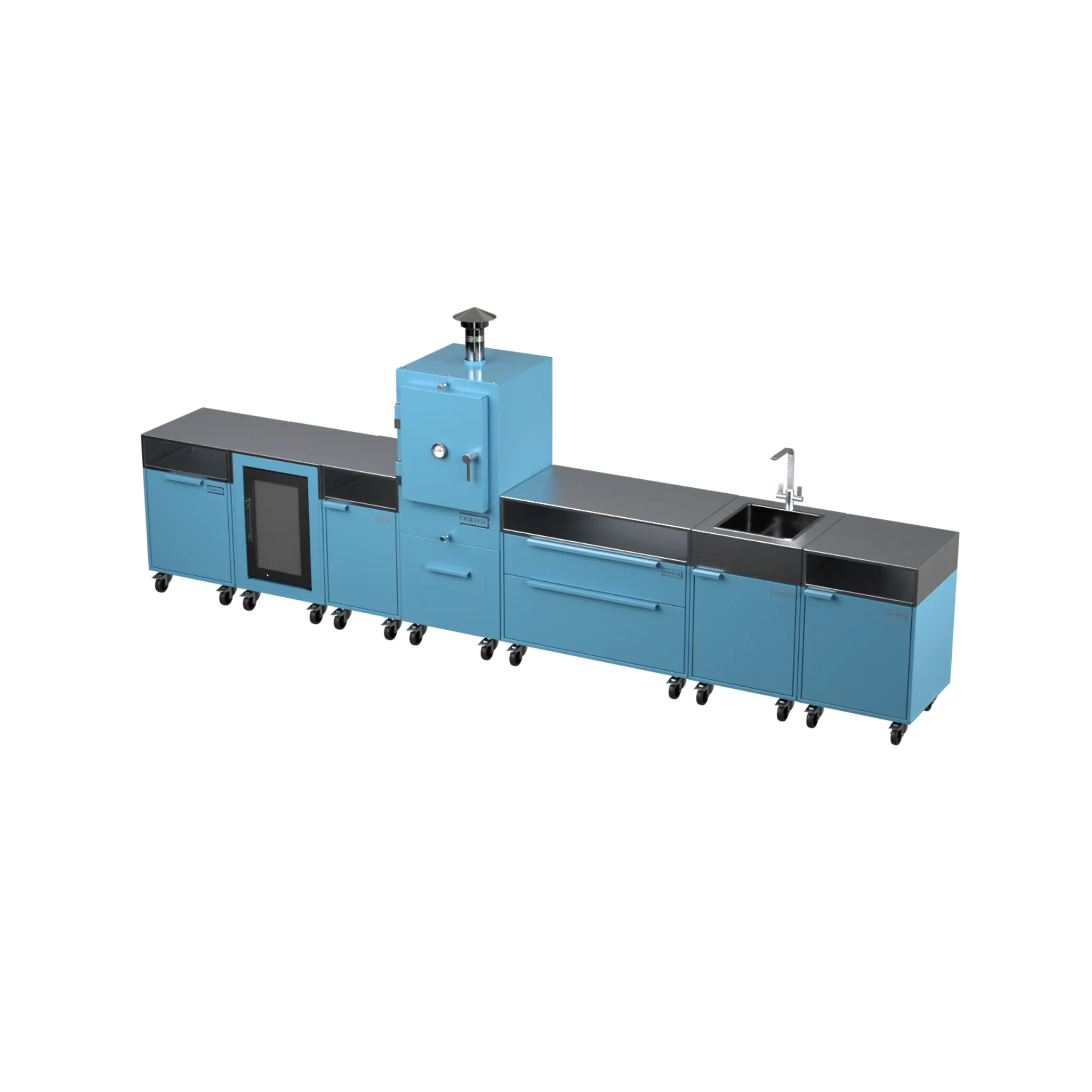 Straight Kitchen S6 in Blue Marlin blue, angled view