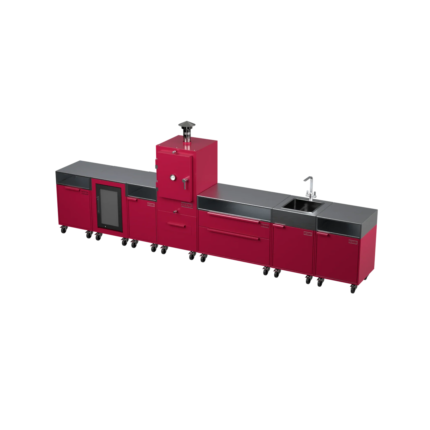 Straight Kitchen S6 in Rhubarb pink, angled view