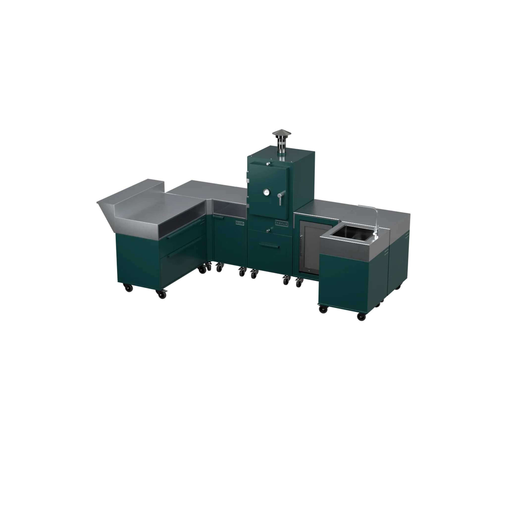 U-Shape Kitchen U1 in Agave green, angled view of the outdoor kitchen units