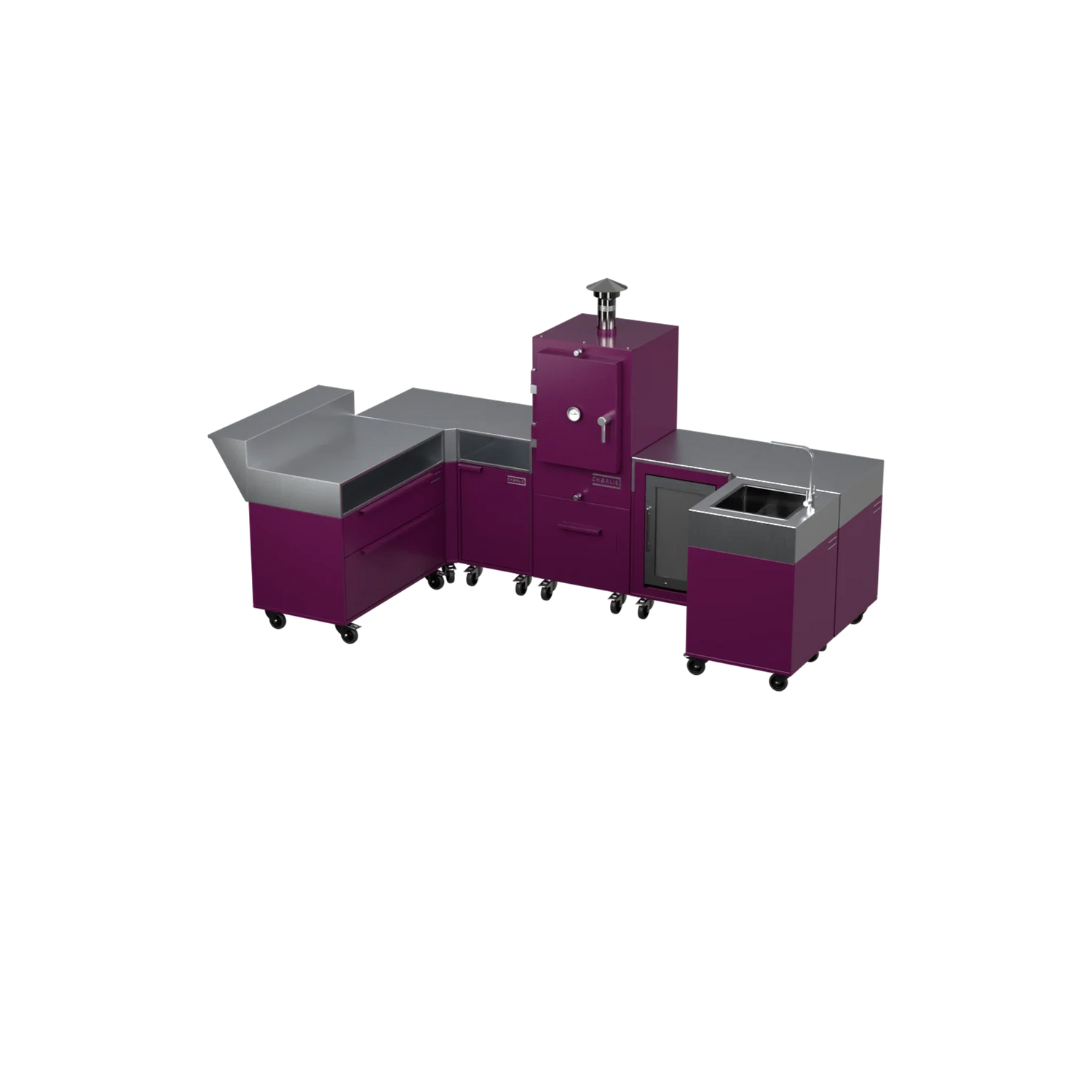 U-Shape Kitchen U1 in Beetroot purple-red, angled view of the modular kitchen