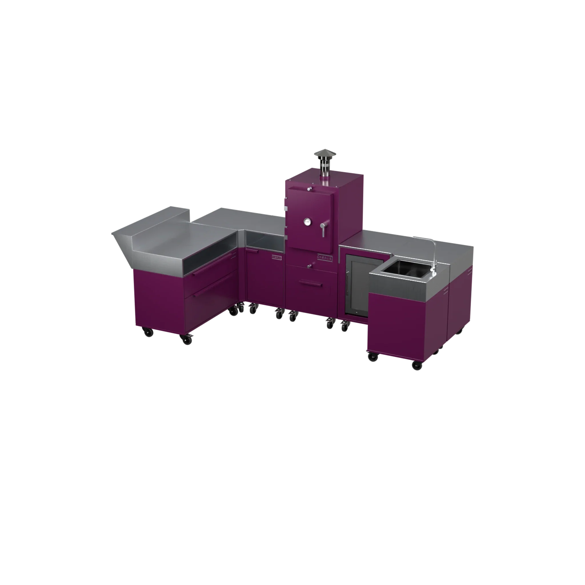 U-Shape Kitchen U1 in Beetroot purple-red, angled view of the modular kitchen
