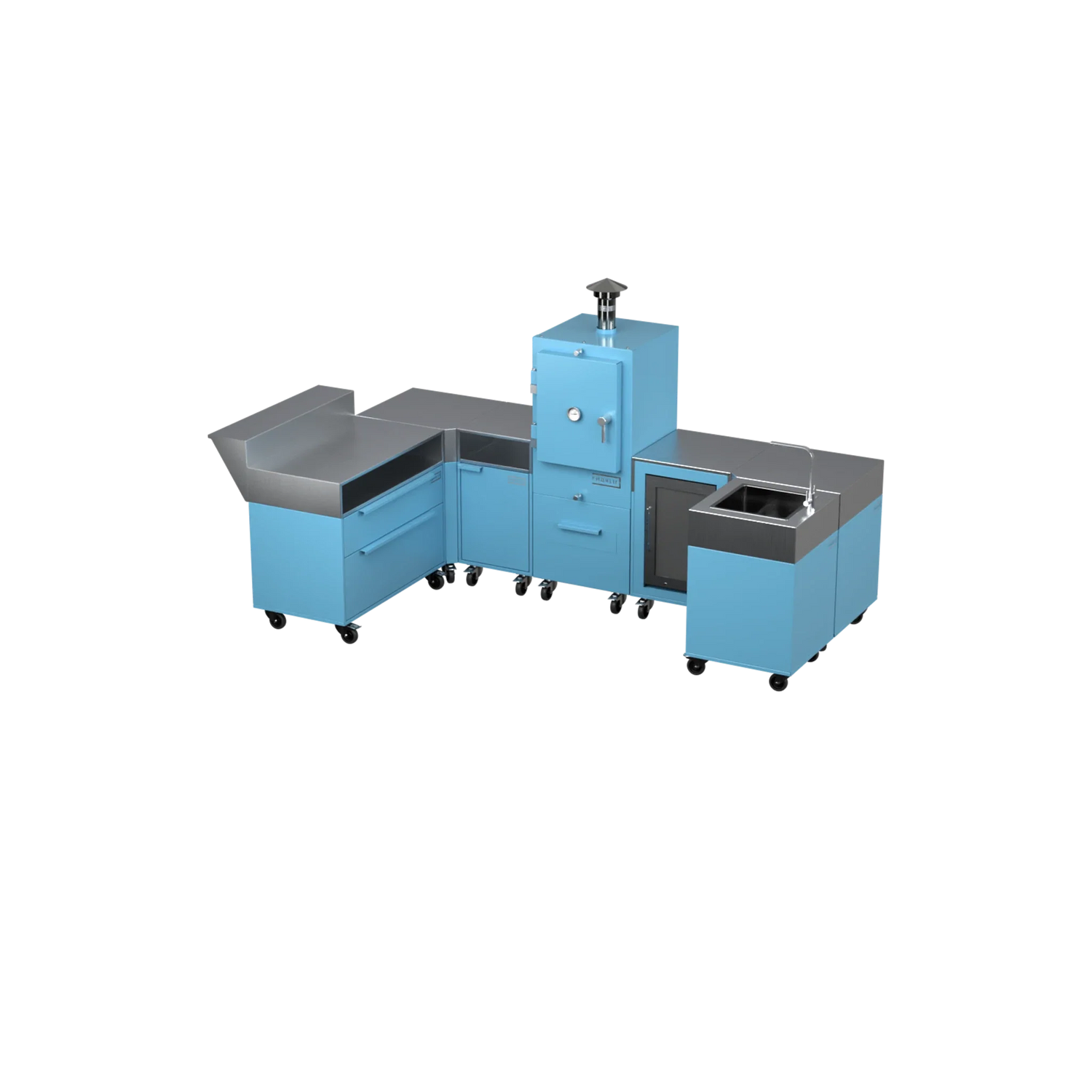U-Shape Kitchen U1 in Blue Marlin blue, angled view of the modular design
