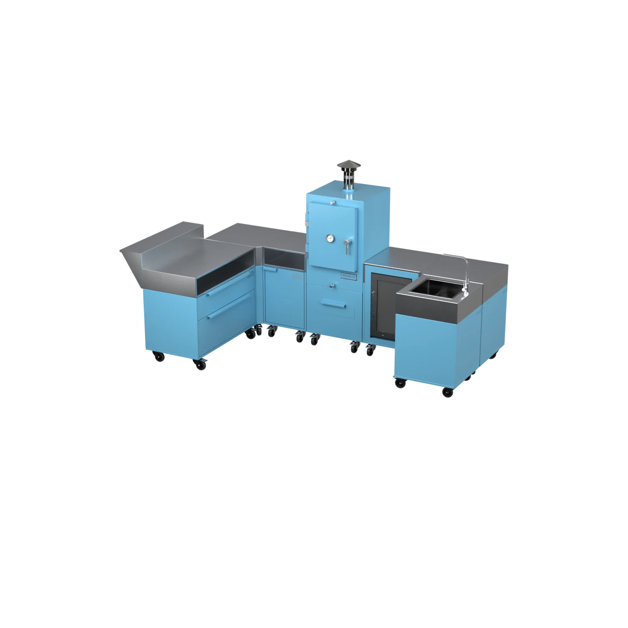 U-Shape Kitchen U1 in Blue Marlin blue, angled view of the modular design