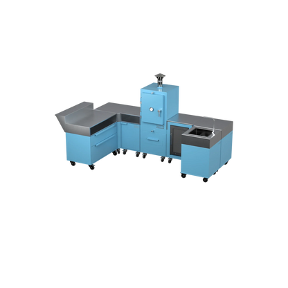 U-Shape Kitchen U1 in Blue Marlin blue, angled view of the modular design