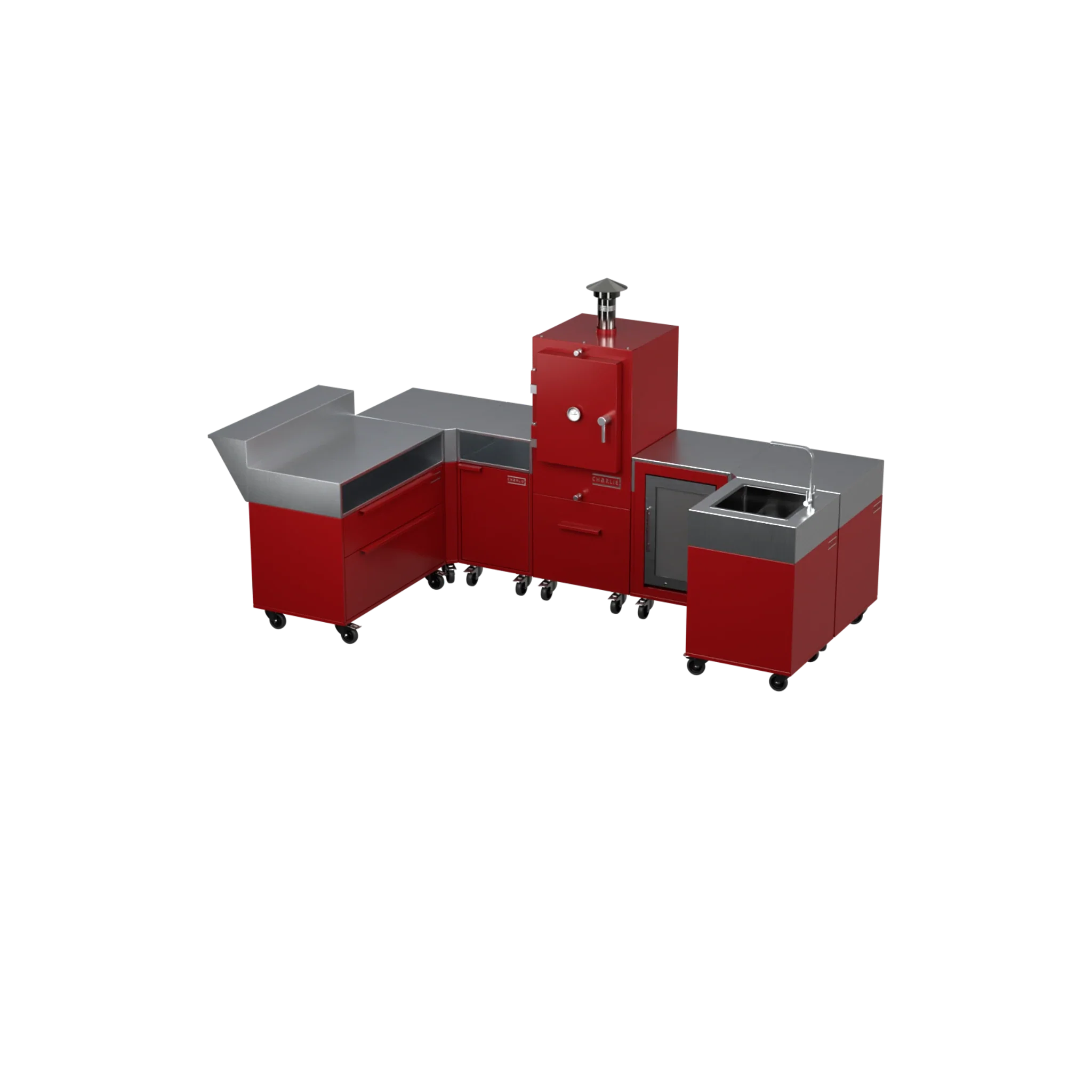 U-Shape Kitchen U1 in Dark Cherry red, angled view of the U-shaped layout
