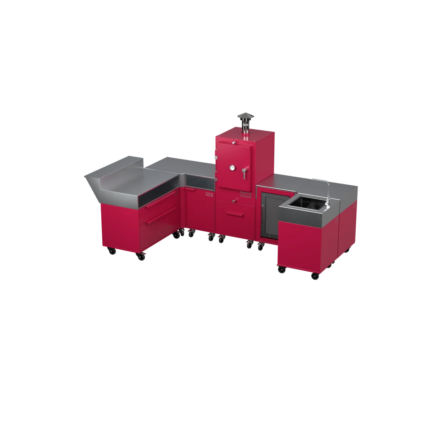 U-Shape Kitchen U1 in Rhubarb pink, angled corner view