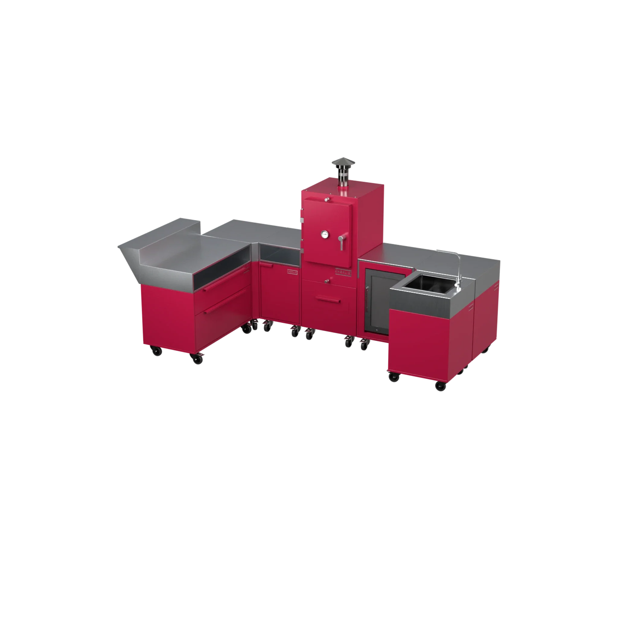 U-Shape Kitchen U1 in Rhubarb pink, angled corner view