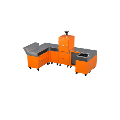 U-Shape Kitchen U1 in Saffron yellow, angled view of the modular outdoor kitchen