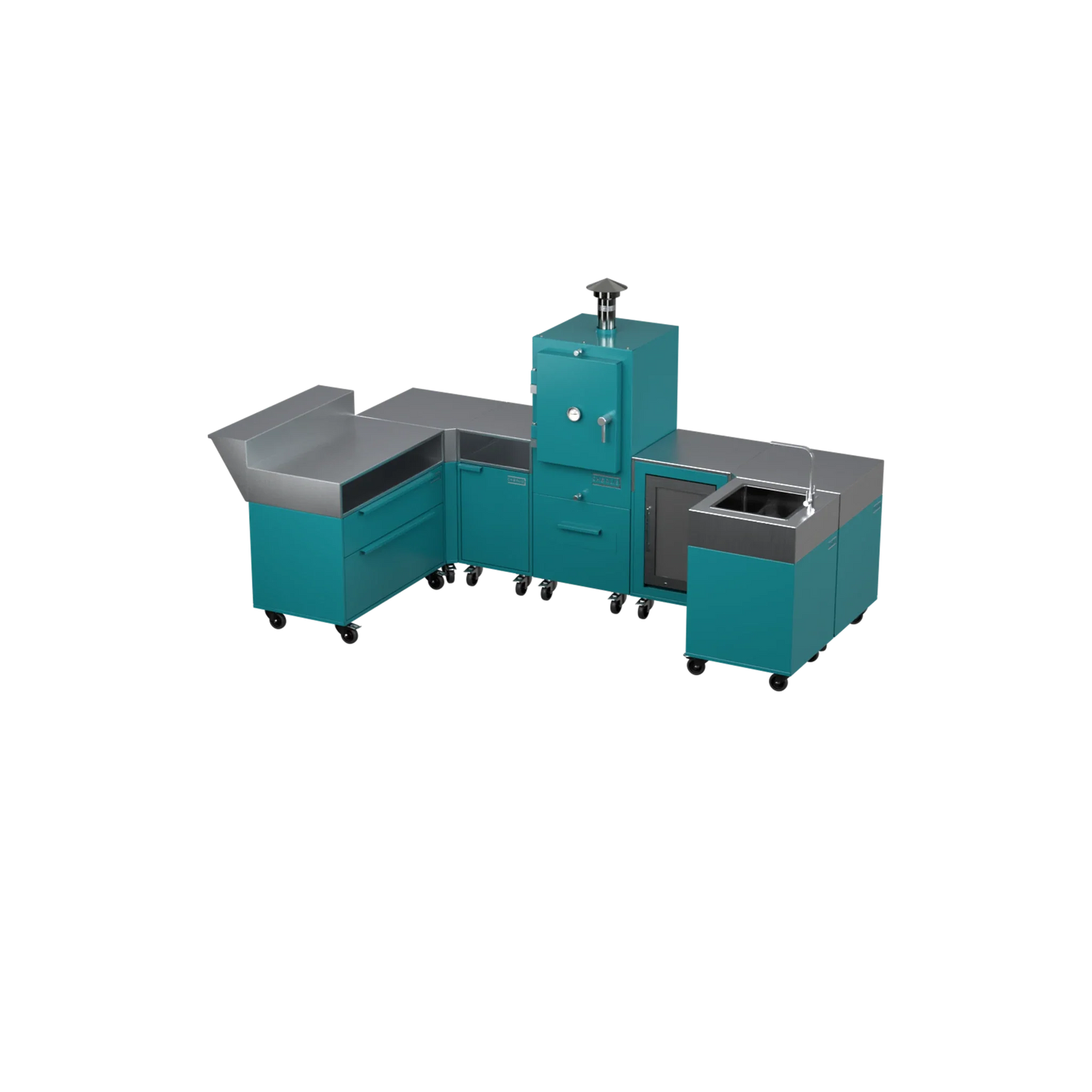 U-Shape Kitchen U1 in Teal Duck teal, angled view of the U-shaped kitchen