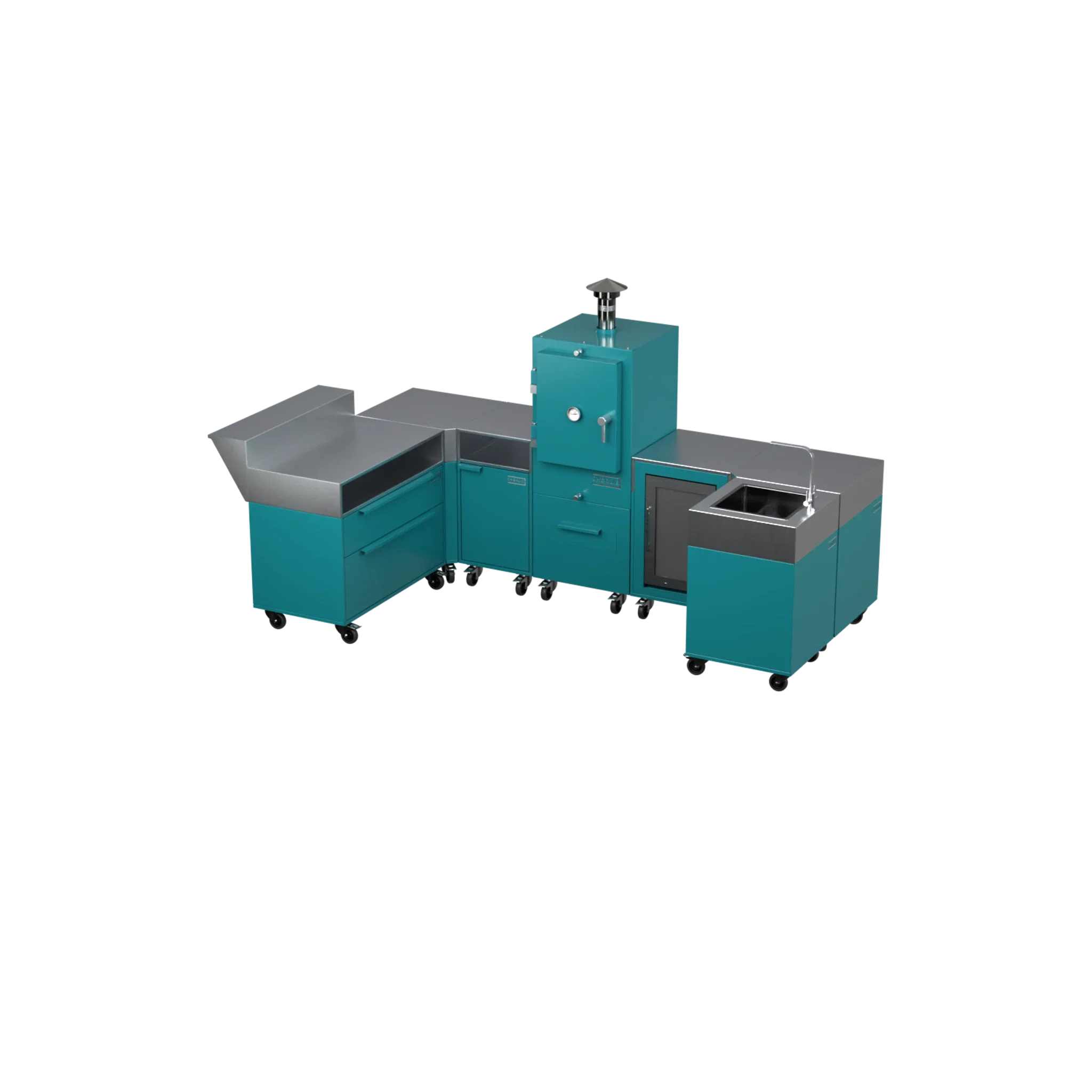 U-Shape Kitchen U1 in Teal Duck teal, angled view of the U-shaped kitchen