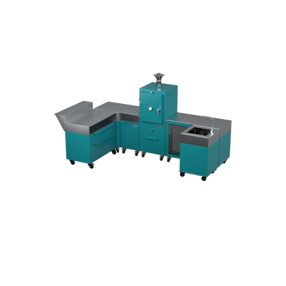 U-Shape Kitchen U1 in Teal Duck teal, angled view of the U-shaped kitchen