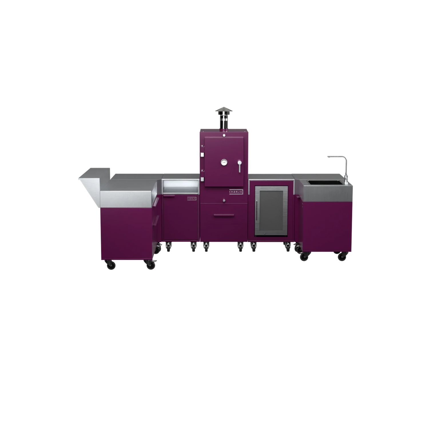 U-Shape Kitchen U1 in Beetroot purple-red, straight front view of the worktop and cabinets