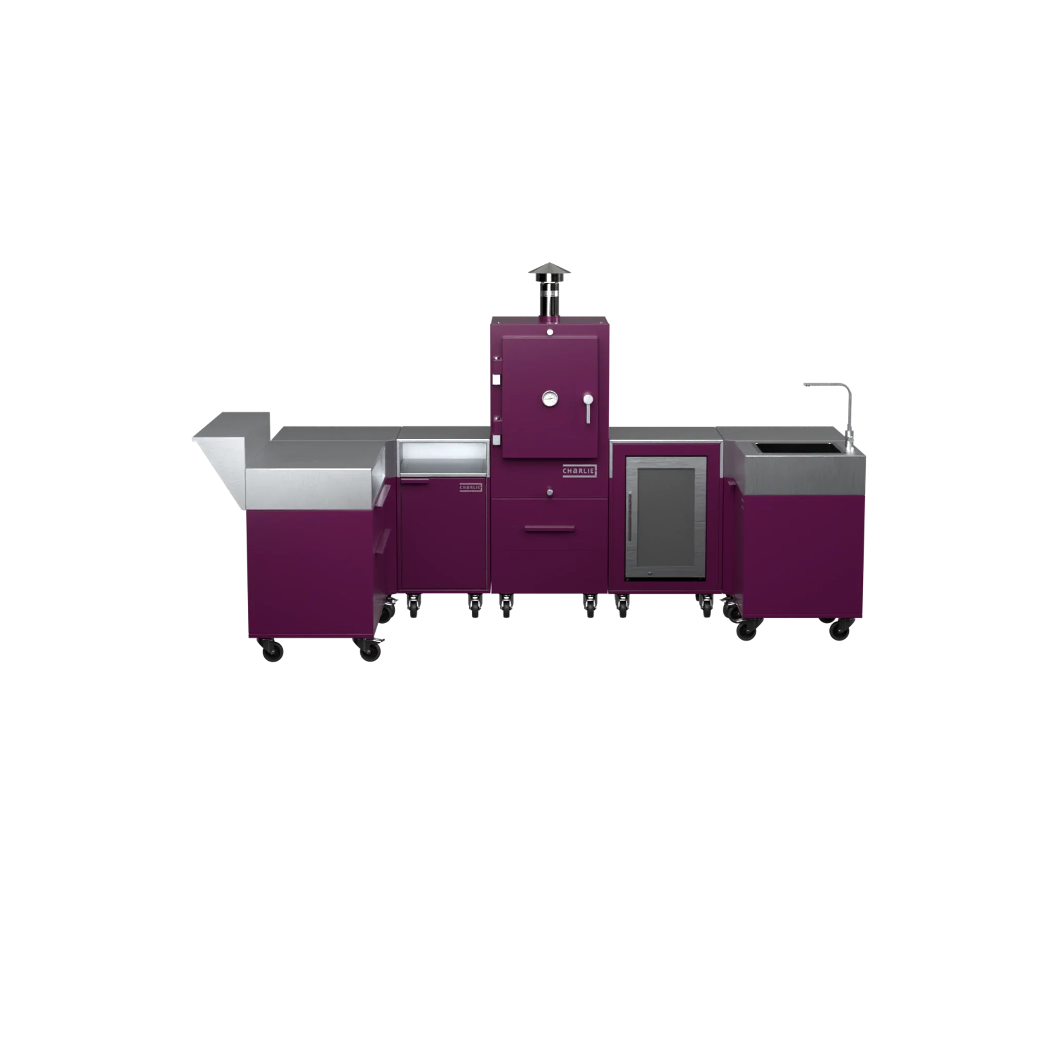 U-Shape Kitchen U1 in Beetroot purple-red, straight front view of the worktop and cabinets