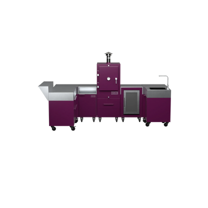 U-Shape Kitchen U1 in Beetroot purple-red, straight front view of the worktop and cabinets