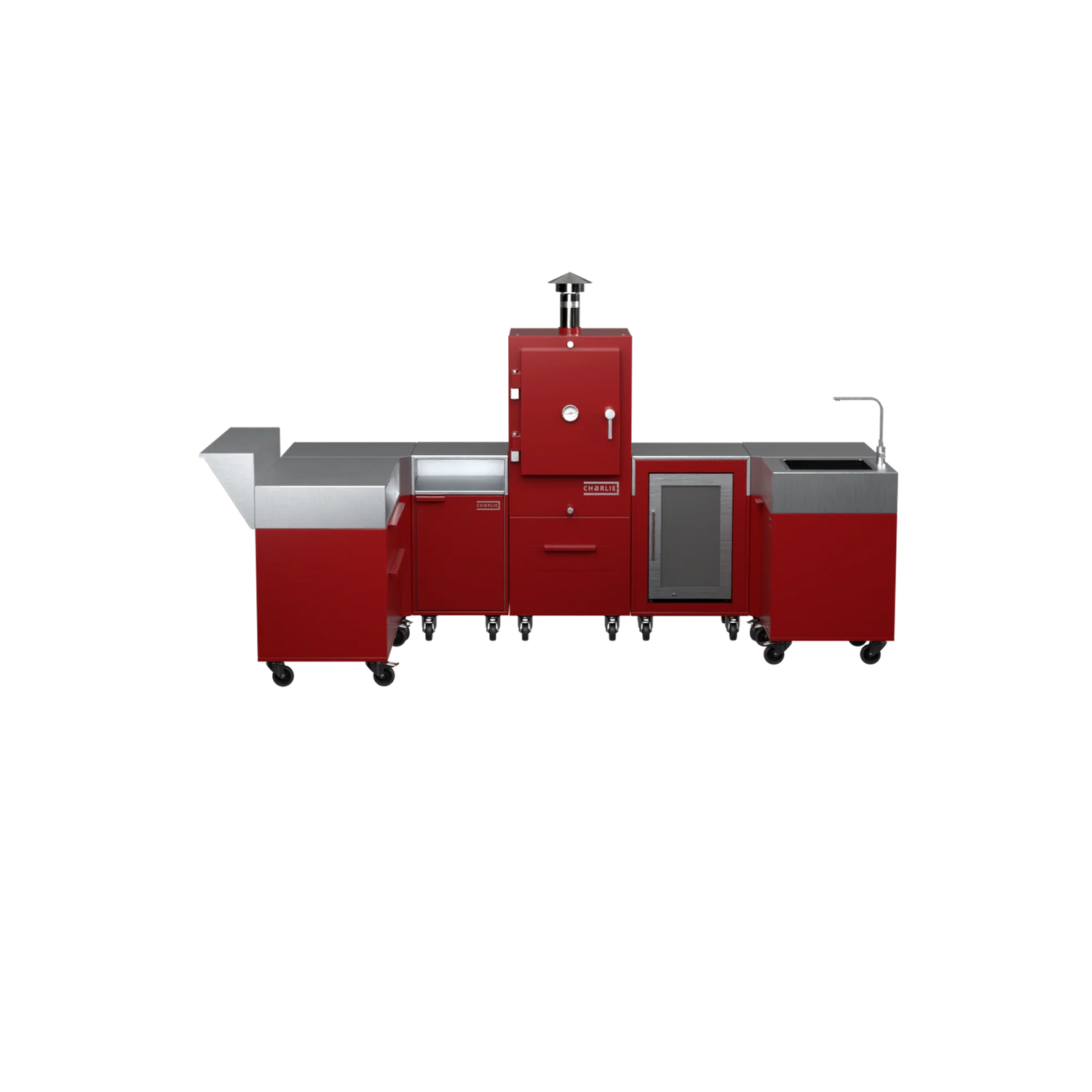 U-Shape Kitchen U1 in Dark Cherry red, front view of the worktop and cabinets